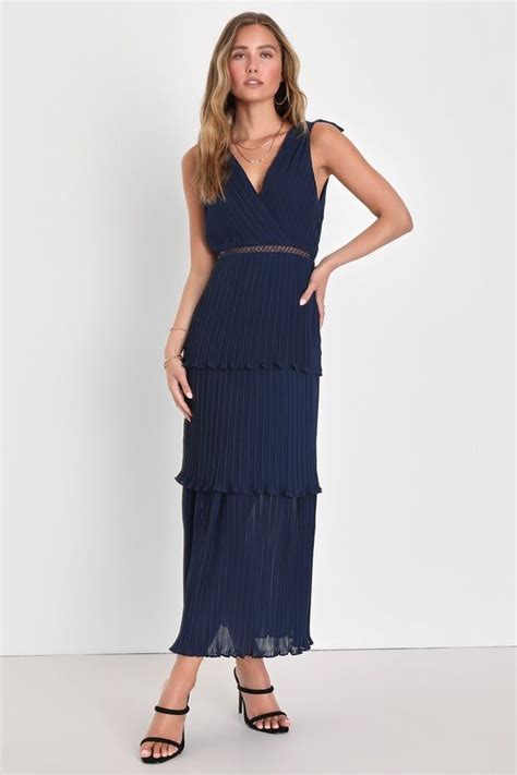 navy blue pleated maxi dress.